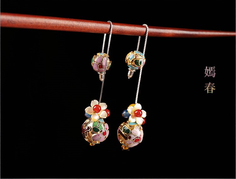 華麗景泰藍耳環(huán)，花朵圓珠純銀耳線首飾