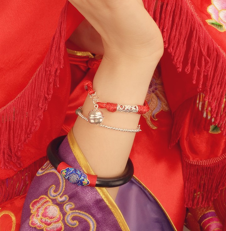 囍吉家佳樂文學(xué)手鏈，本命年紅繩銀蓮花鈴鐺首飾