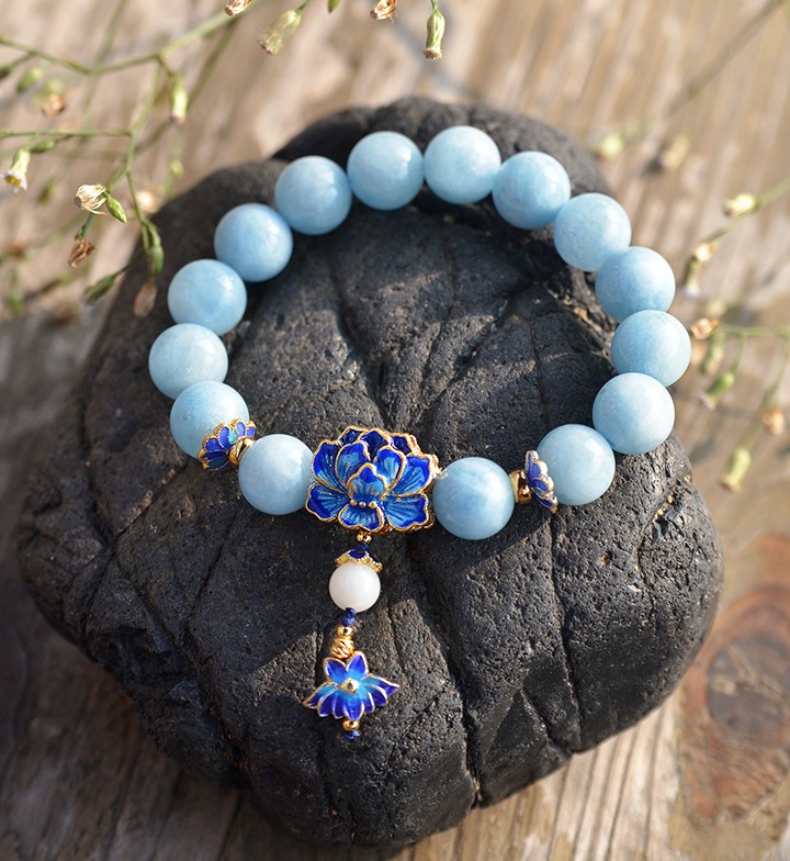 典雅925銀牡丹手鏈，清新唯美海藍寶手串