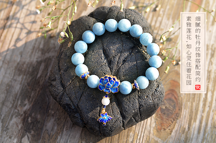 典雅925銀牡丹手鏈，清新唯美海藍寶手串