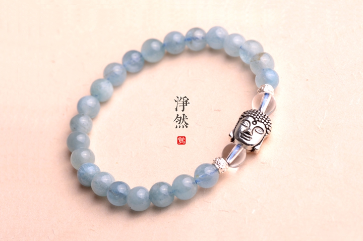 釋迦摩尼佛像銀手鏈，凈然海藍(lán)寶手串