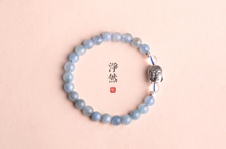 釋迦摩尼佛像銀手鏈，凈然海藍(lán)寶手串