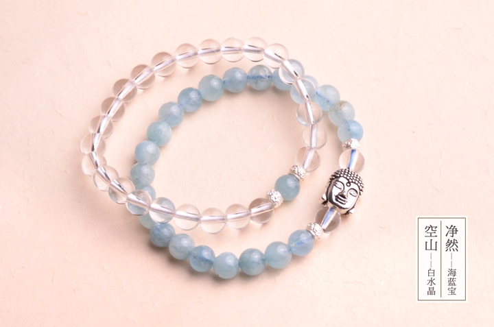 釋迦摩尼佛像銀手鏈，凈然海藍(lán)寶手串