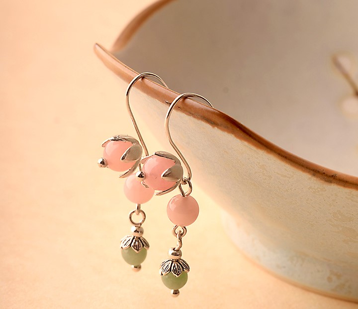 粉色小清新風(fēng)翡翠耳飾，天然粉晶惜春耳環(huán)首飾