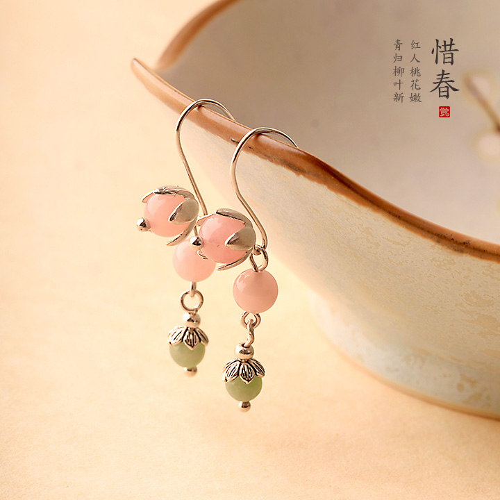 粉色小清新風(fēng)翡翠耳飾，天然粉晶惜春耳環(huán)首飾