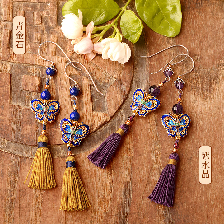 銀蝴蝶長流蘇氣質(zhì)，典雅古風(fēng)耳環(huán)首飾