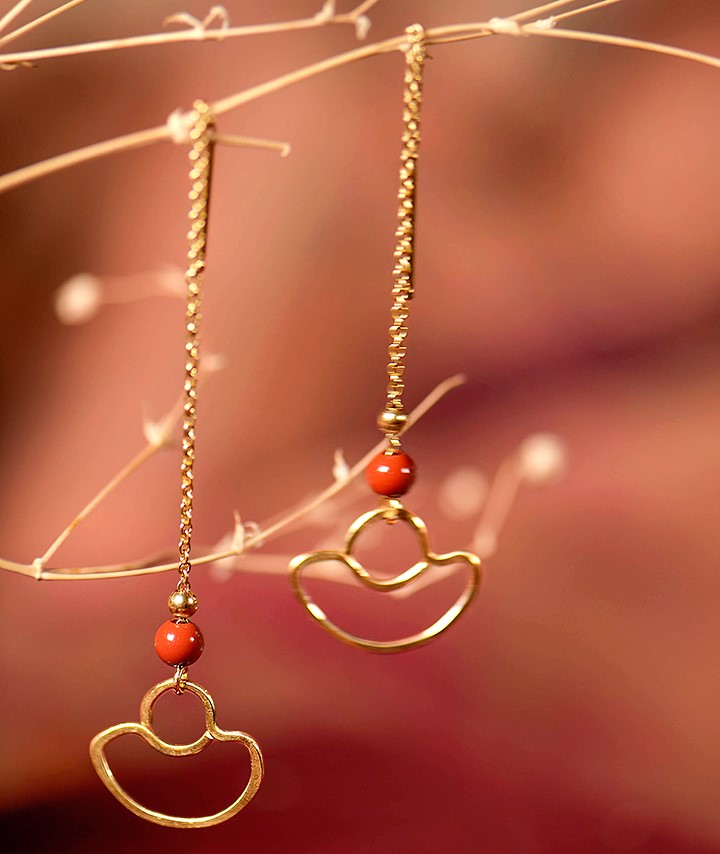 手工元寶耳線耳飾，天然朱砂耳環(huán)首飾