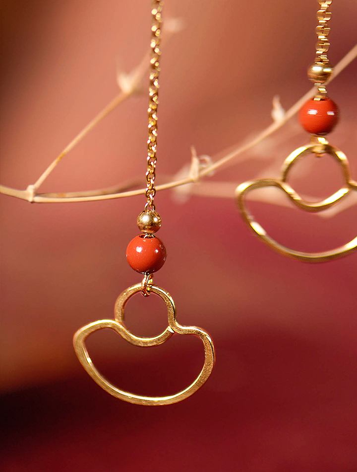 手工元寶耳線耳飾，天然朱砂耳環(huán)首飾