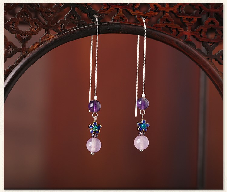 紫色小巧時尚耳飾，古典銀線長款耳環(huán)