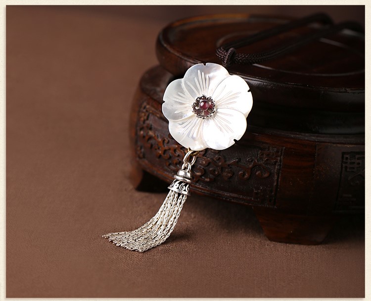 貝殼花復古鎖骨鏈，銀流蘇花朵項鏈首飾