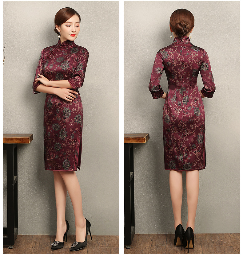 端莊典雅紫紅色旗袍，中袖真絲旗袍裙