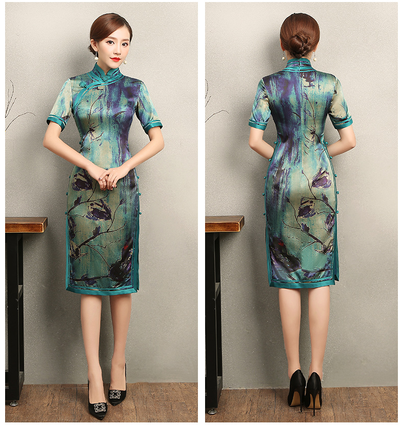 古典韻味花良旗袍，撞色花枝短袖旗袍裙