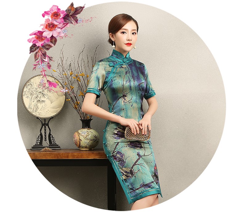 古典韻味花良旗袍，撞色花枝短袖旗袍裙