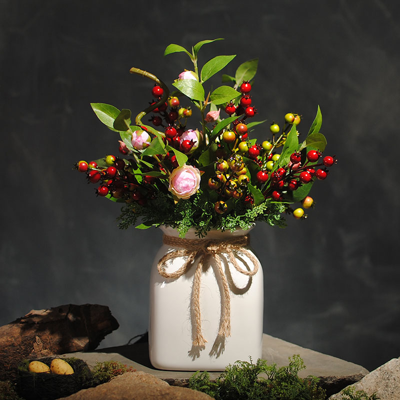 可愛(ài)漿果插花藝術(shù)，仿真茶花中式花藝