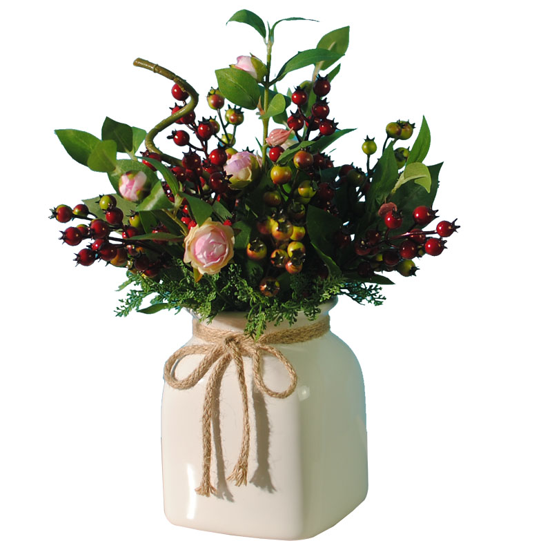 可愛(ài)漿果插花藝術(shù)，仿真茶花中式花藝