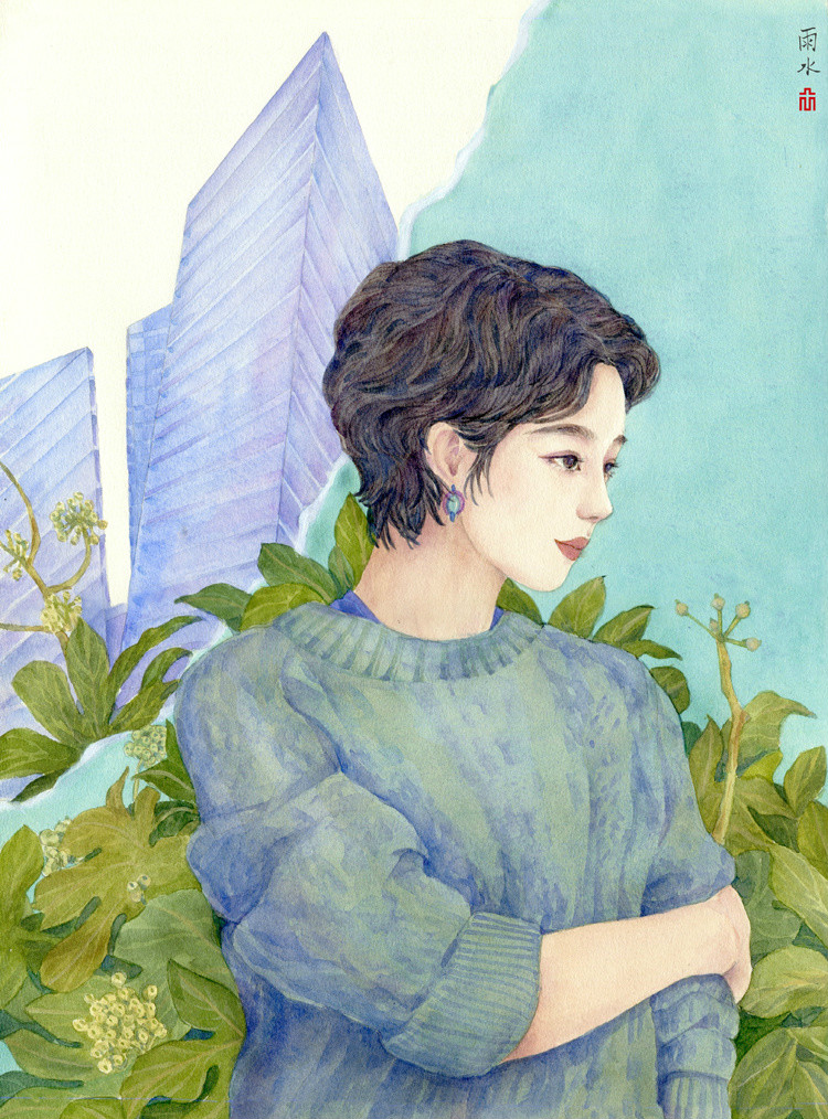 24節(jié)氣水彩手繪插畫，清新淡雅唯美女子插畫