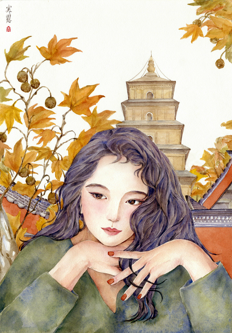 24節(jié)氣水彩手繪插畫，清新淡雅唯美女子插畫