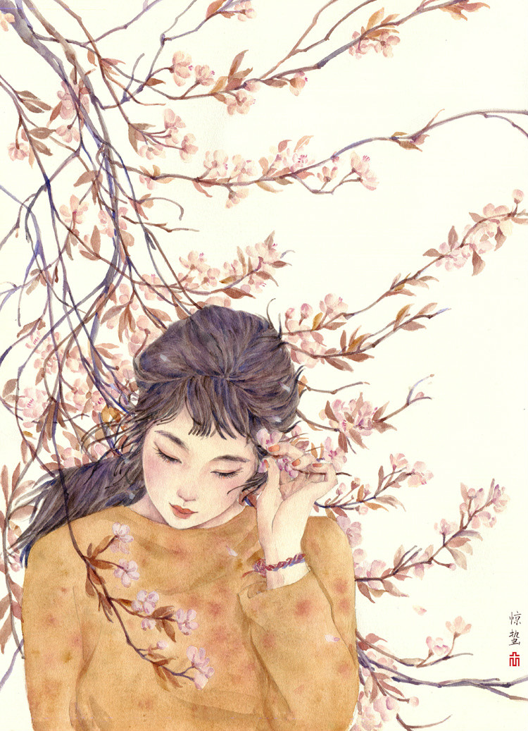 24節(jié)氣水彩手繪插畫，清新淡雅唯美女子插畫