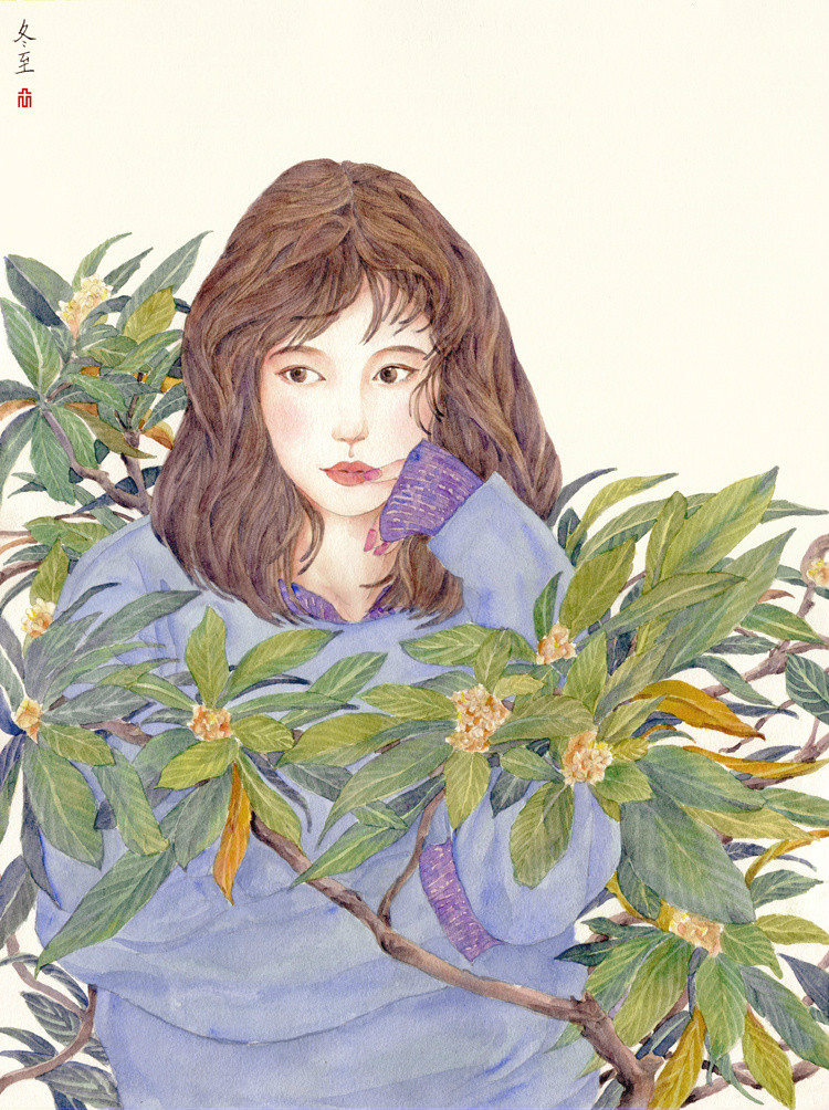 24節(jié)氣水彩手繪插畫，清新淡雅唯美女子插畫