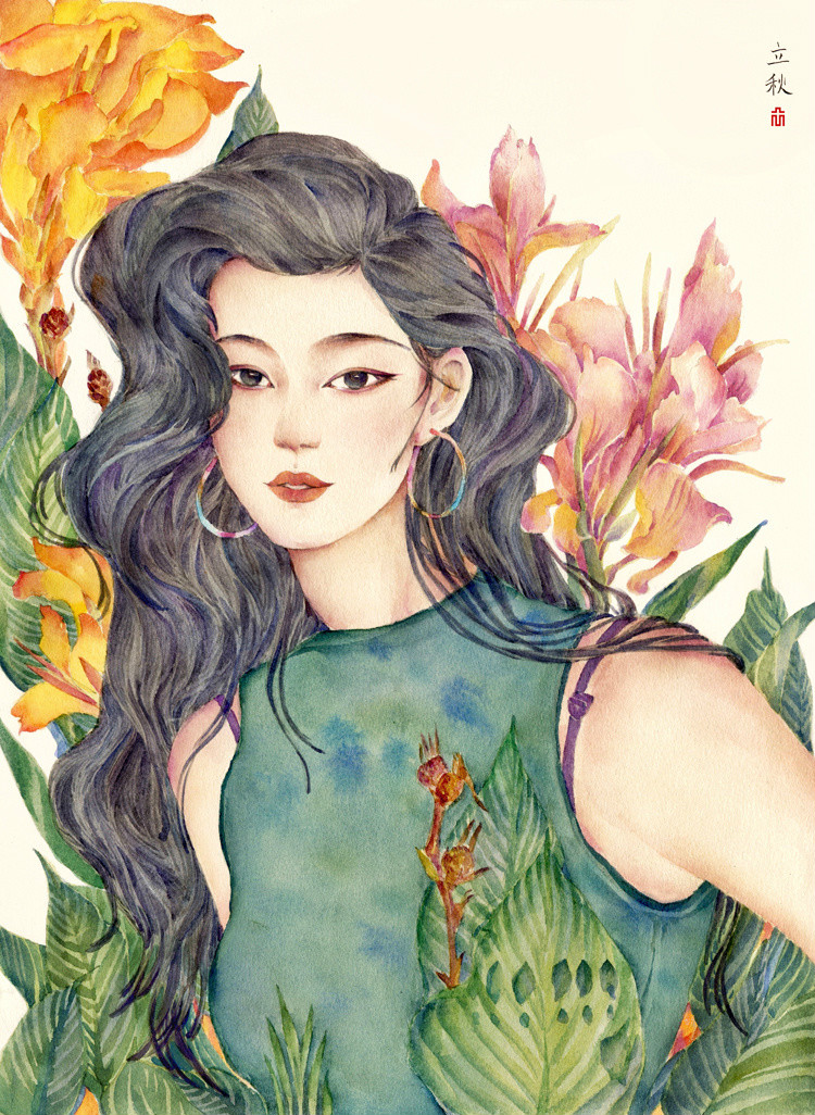 24節(jié)氣水彩手繪插畫，清新淡雅唯美女子插畫