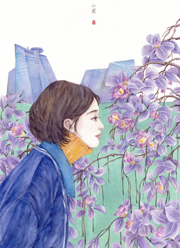 24節(jié)氣水彩手繪插畫，清新淡雅唯美女子插畫