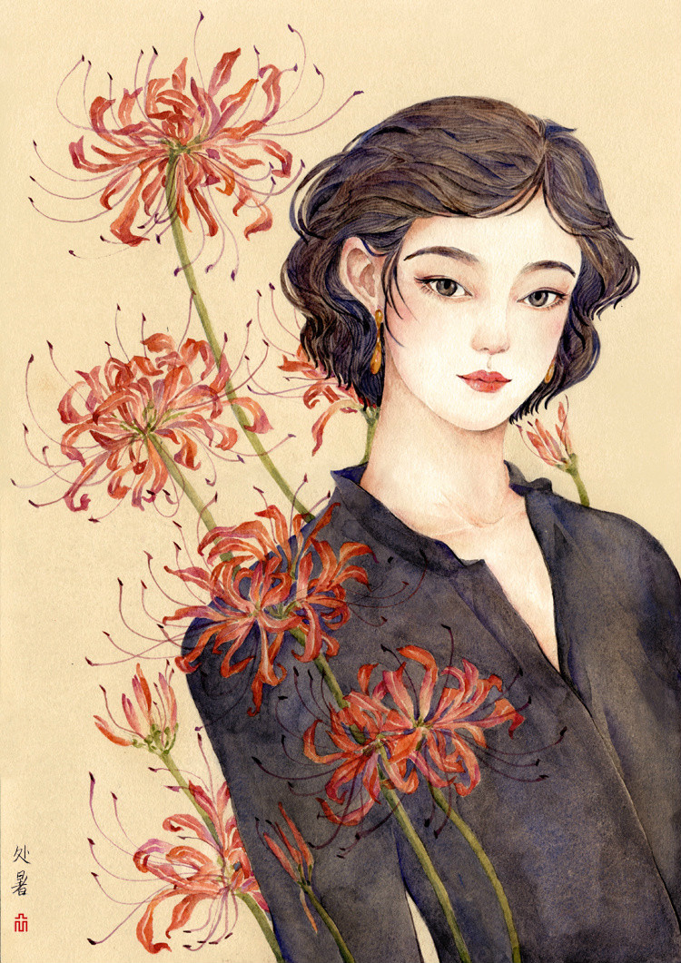 24節(jié)氣水彩手繪插畫，清新淡雅唯美女子插畫