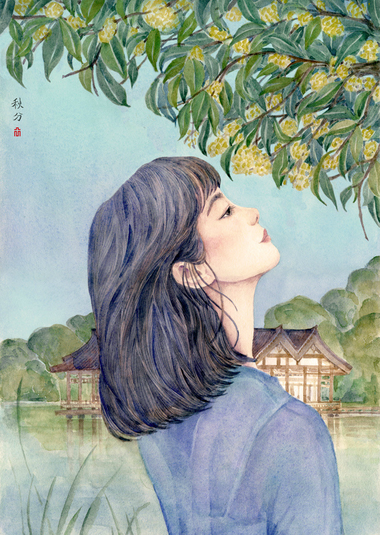 24節(jié)氣水彩手繪插畫，清新淡雅唯美女子插畫