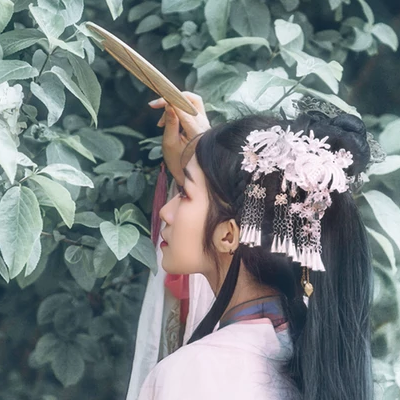 粉蝶花朵帶團扇女生頭像，唯美古風真人頭像