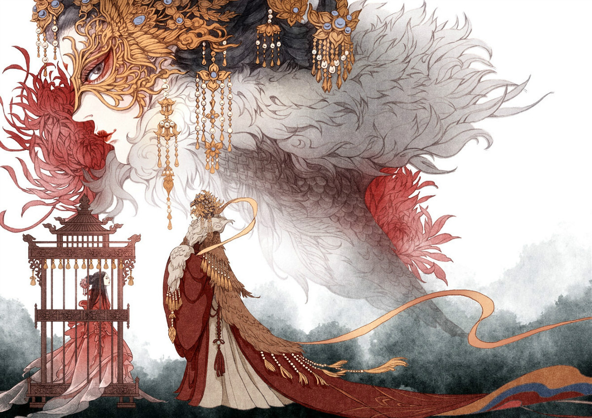 9款古風(fēng)插畫，半面妝插畫合集欣賞
