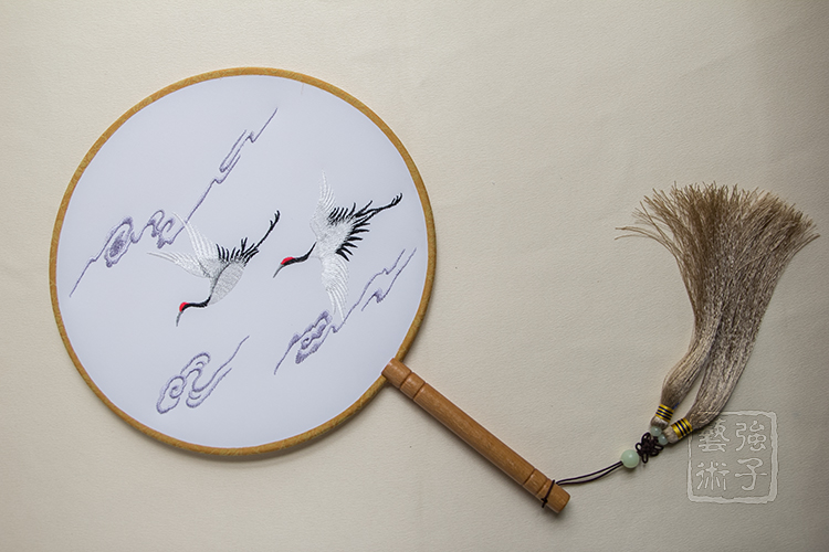 福壽雙鶴刺繡團扇，典雅韻味刺繡工藝扇子