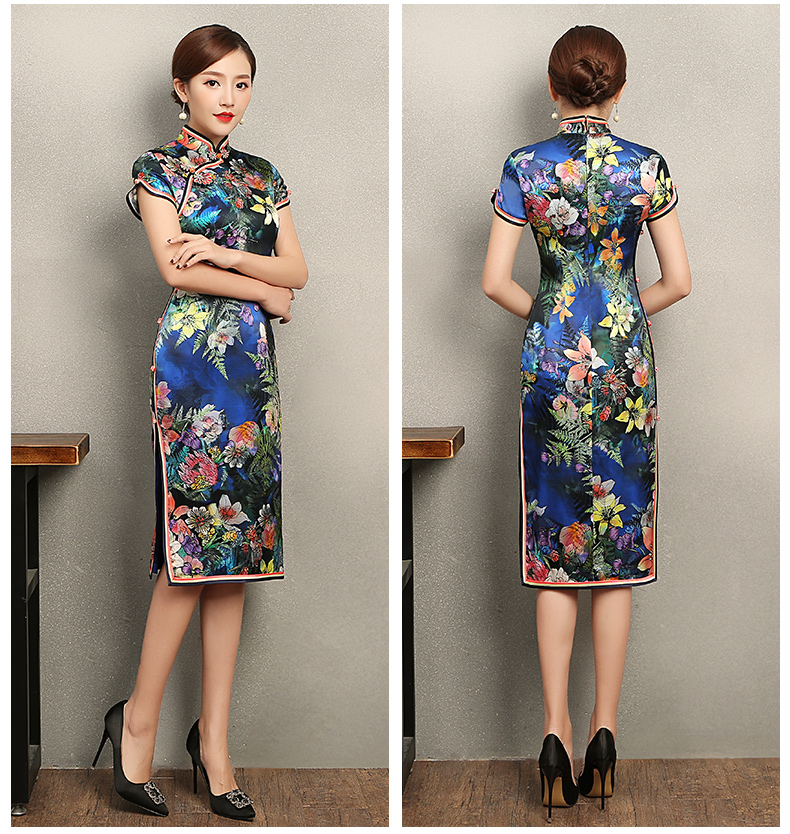 蔓如花靚麗旗袍，唯美短袖印花旗袍裙
