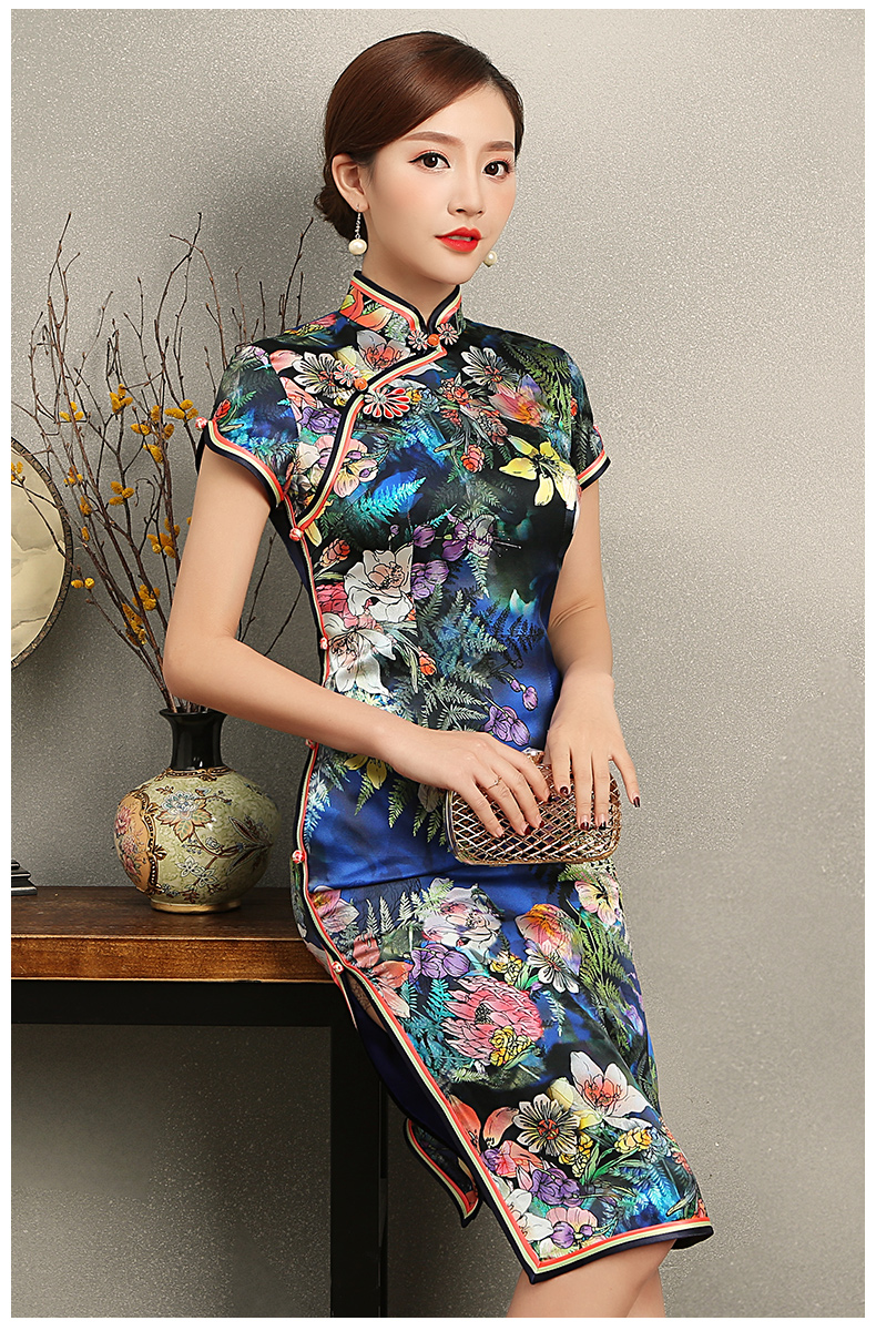 蔓如花靚麗旗袍，唯美短袖印花旗袍裙