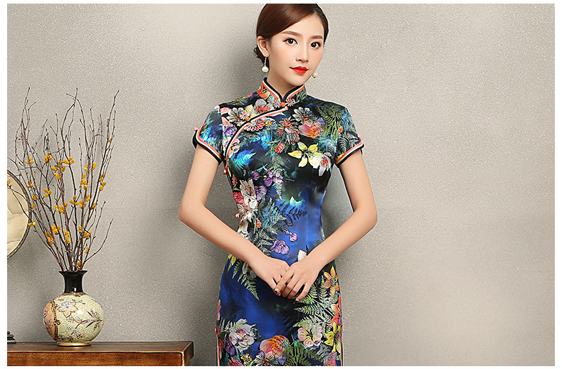 蔓如花靚麗旗袍，唯美短袖印花旗袍裙