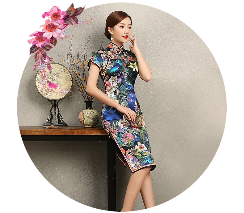 蔓如花靚麗旗袍，唯美短袖印花旗袍裙