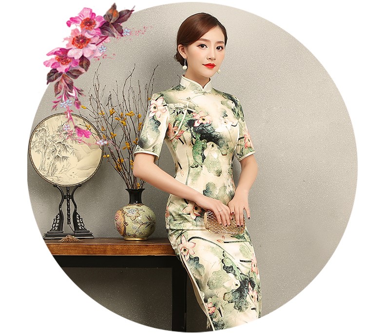 青荷古風(fēng)韻味旗袍，淡雅短袖印花旗袍裙
