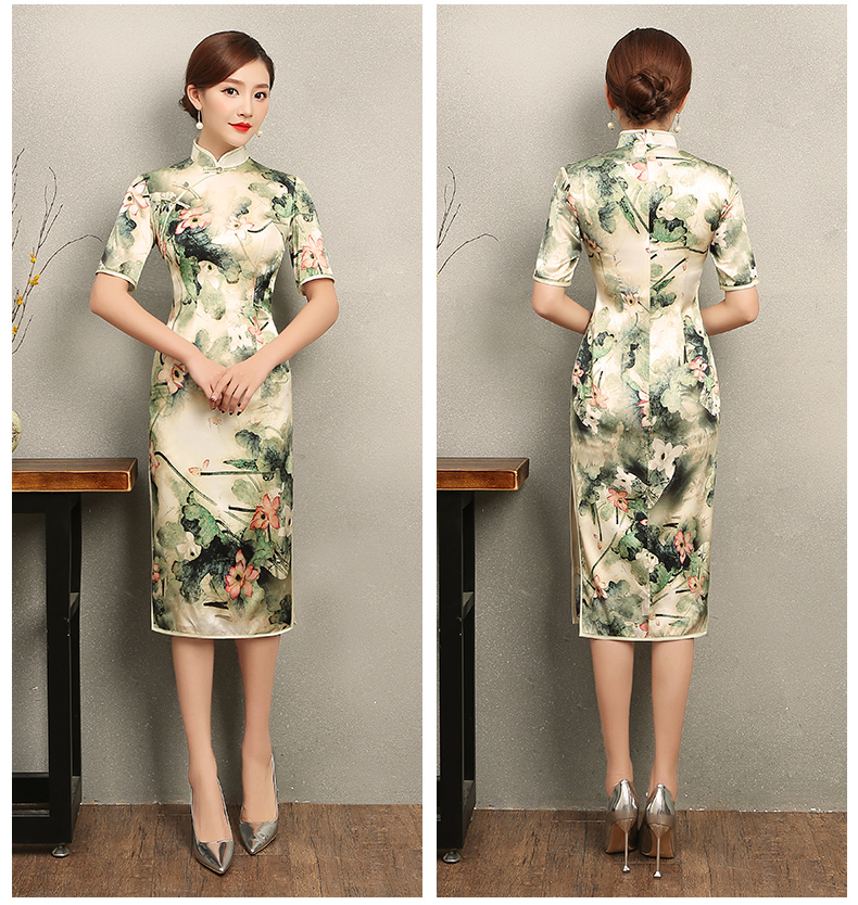 青荷古風(fēng)韻味旗袍，淡雅短袖印花旗袍裙