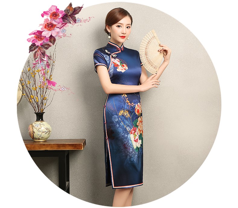 知性優(yōu)雅藍(lán)色旗袍，花嬌印花短袖旗袍裙