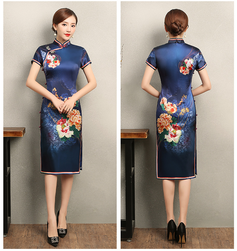 知性優(yōu)雅藍(lán)色旗袍，花嬌印花短袖旗袍裙