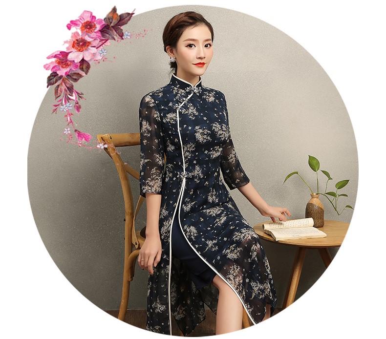 復(fù)古格子藍(lán)侶旗袍，藏藍(lán)色印花旗袍裙