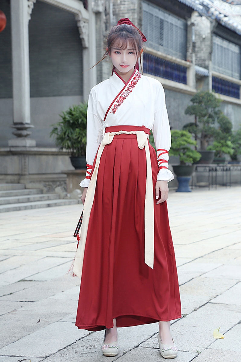 紅白交配繡花漢服，改良漢服斜交齊腰襦裙