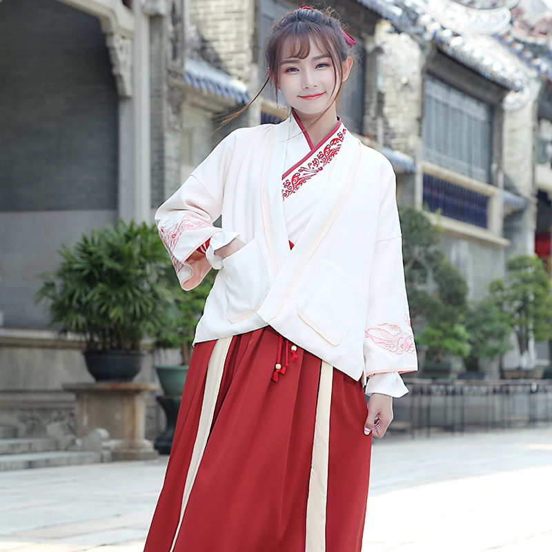 紅白交配繡花漢服，改良漢服斜交齊腰襦裙
