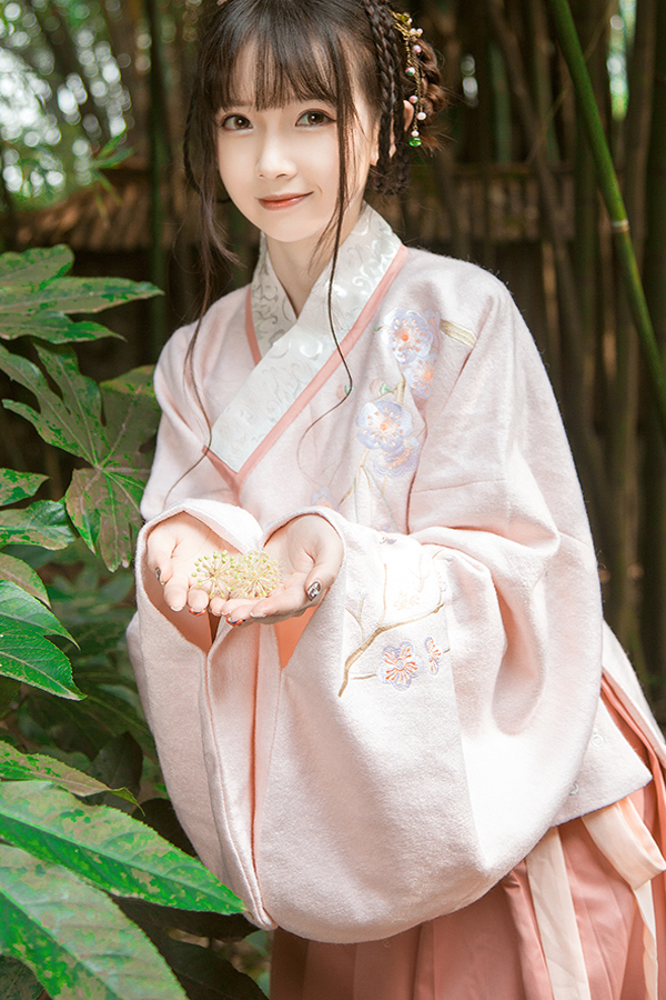 清新典雅粉色漢服，仙女交領襦裙?jié)h服圖片