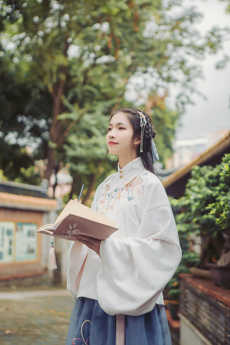 立領(lǐng)斜襟襖裙?jié)h服，淡雅脫俗菊花刺繡漢服