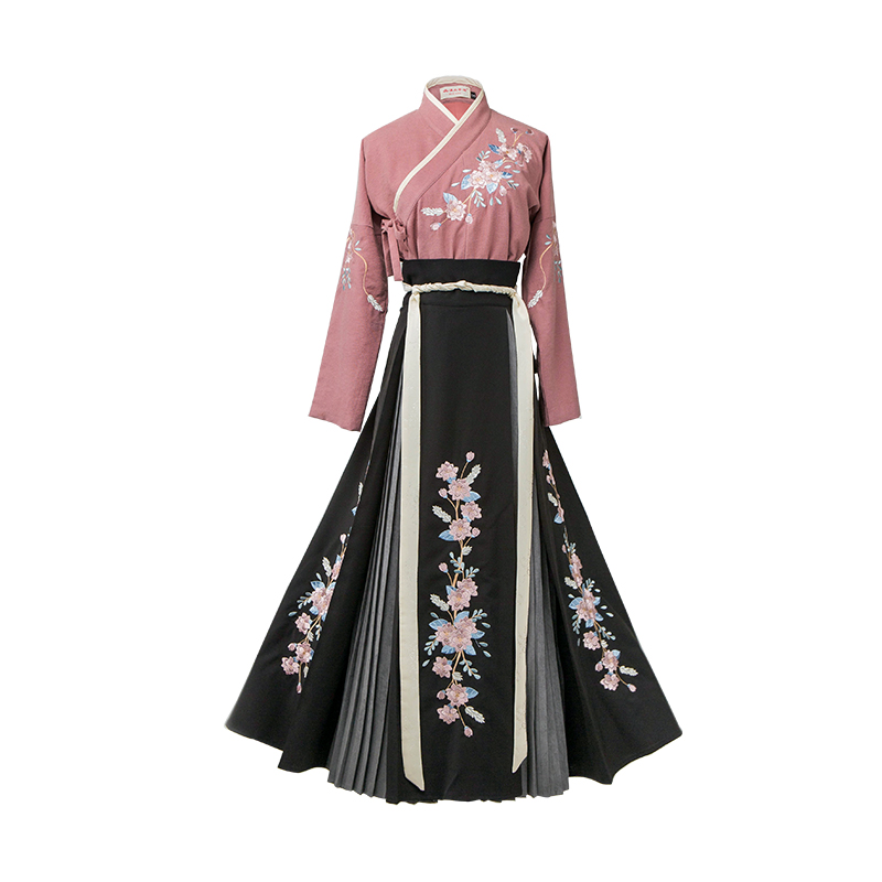花團(tuán)錦簇交領(lǐng)襦裙?jié)h服，褶裙團(tuán)花刺繡漢服圖片