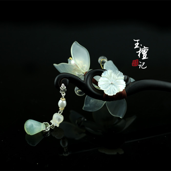 古風(fēng)玉蘭花黑檀木簪子，手工玉簪花頭飾