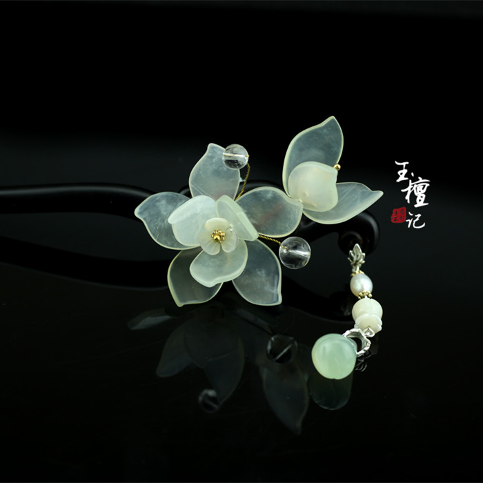 古風(fēng)玉蘭花黑檀木簪子，手工玉簪花頭飾