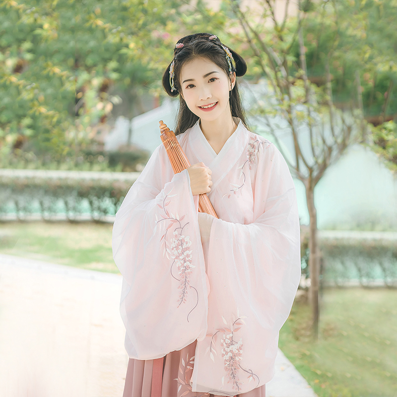 小清新粉色紫藤蘿刺繡漢服，大袖交領(lǐng)襦裙?jié)h服
