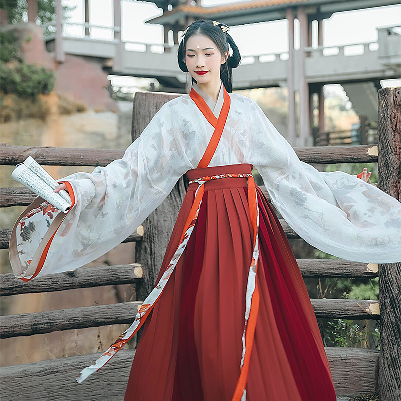 魏晉風(fēng)大袖交領(lǐng)襦裙?jié)h服，松葉水墨印花漢服