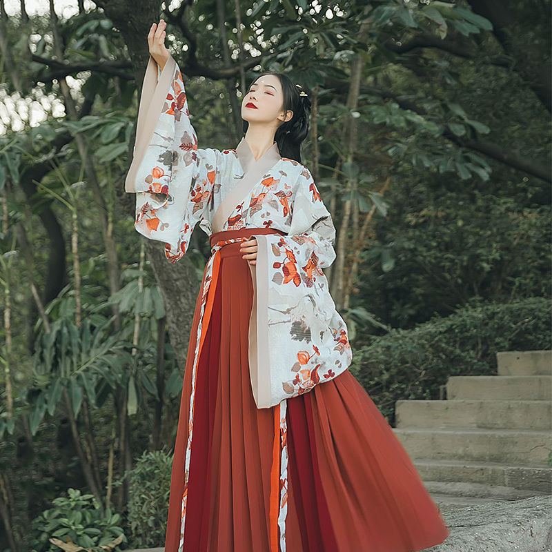魏晉風(fēng)大袖交領(lǐng)襦裙?jié)h服，松葉水墨印花漢服