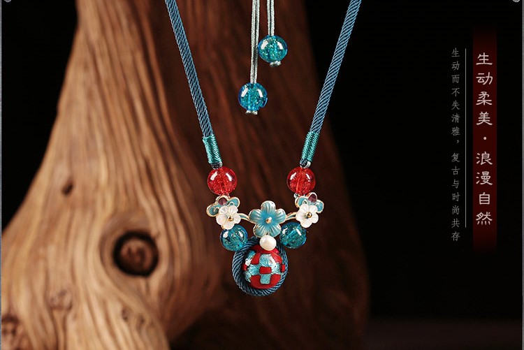 藍(lán)色琉璃吊墜家佳樂文學(xué)鎖骨鏈，古風(fēng)簡約花朵項鏈